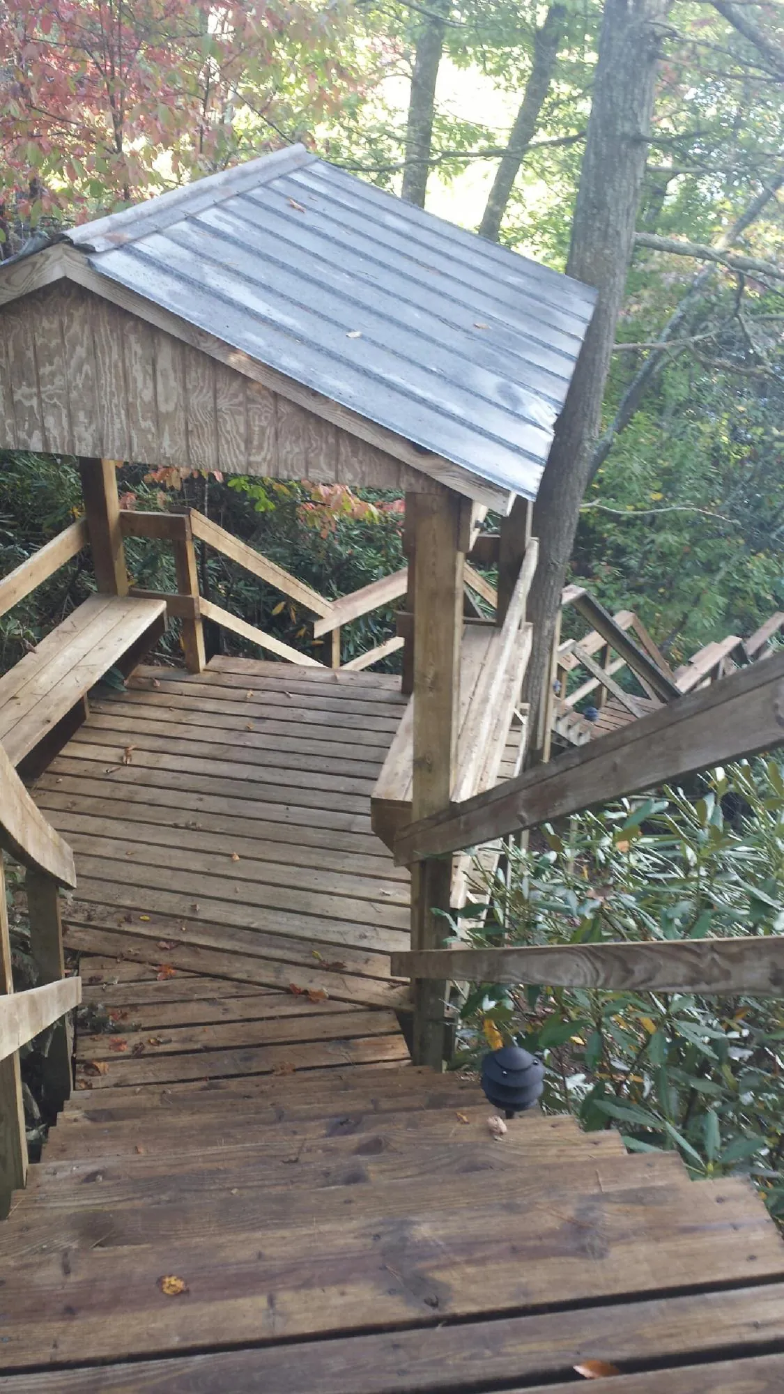 Metal roofed shelter over wooden steps on a wooded walkway — Skylight Repair & Installation work by our crew in Ivanhoe